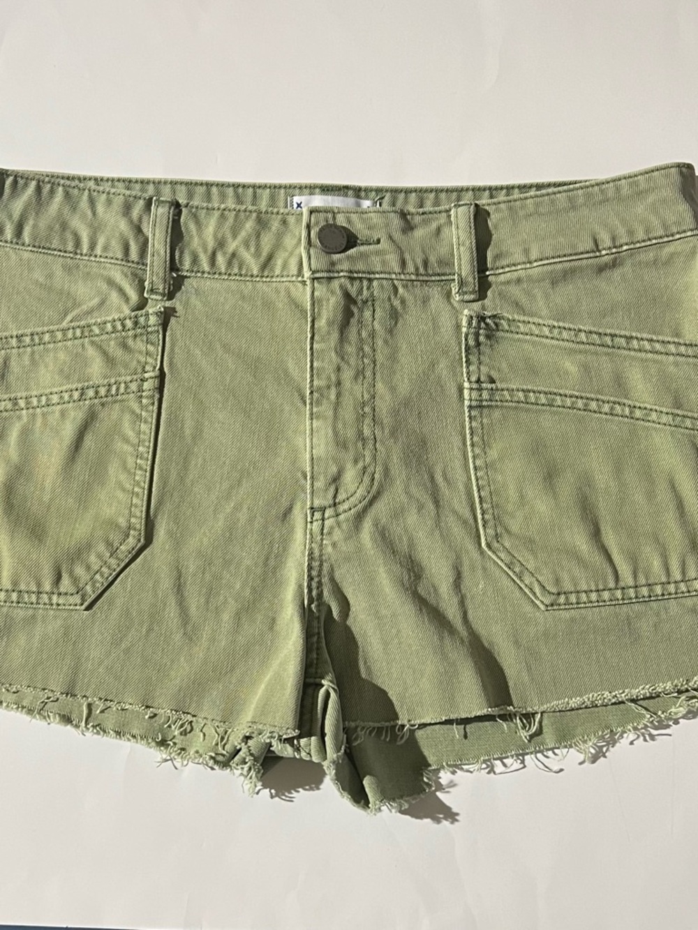 PAIGE Olive Utility Frayed-Hem Denim Shorts